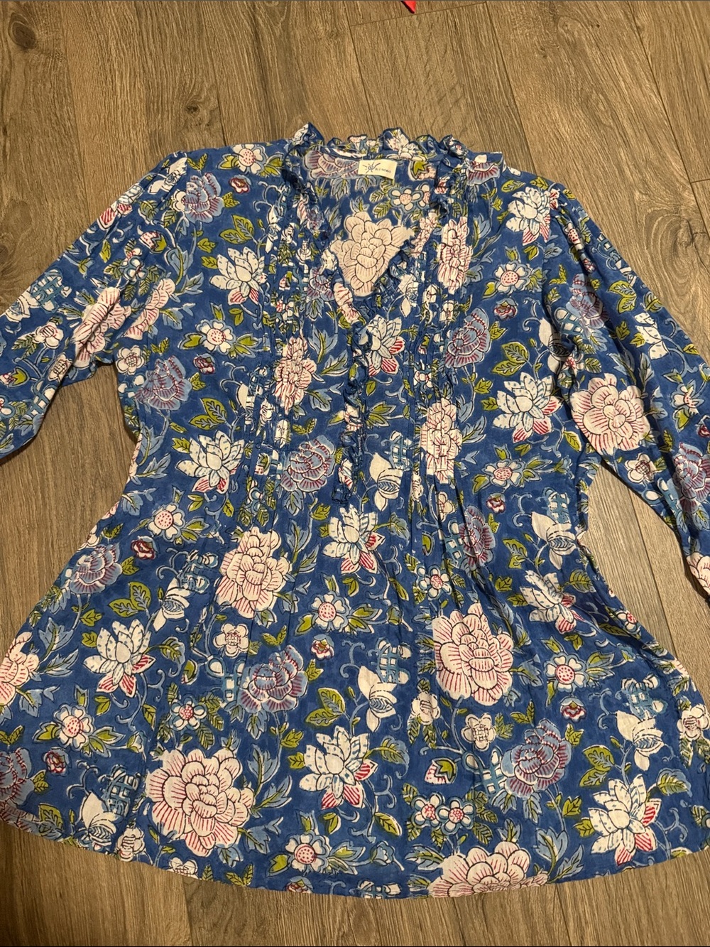 Floral Cotton Peasant Tunic - Blue & Pink
